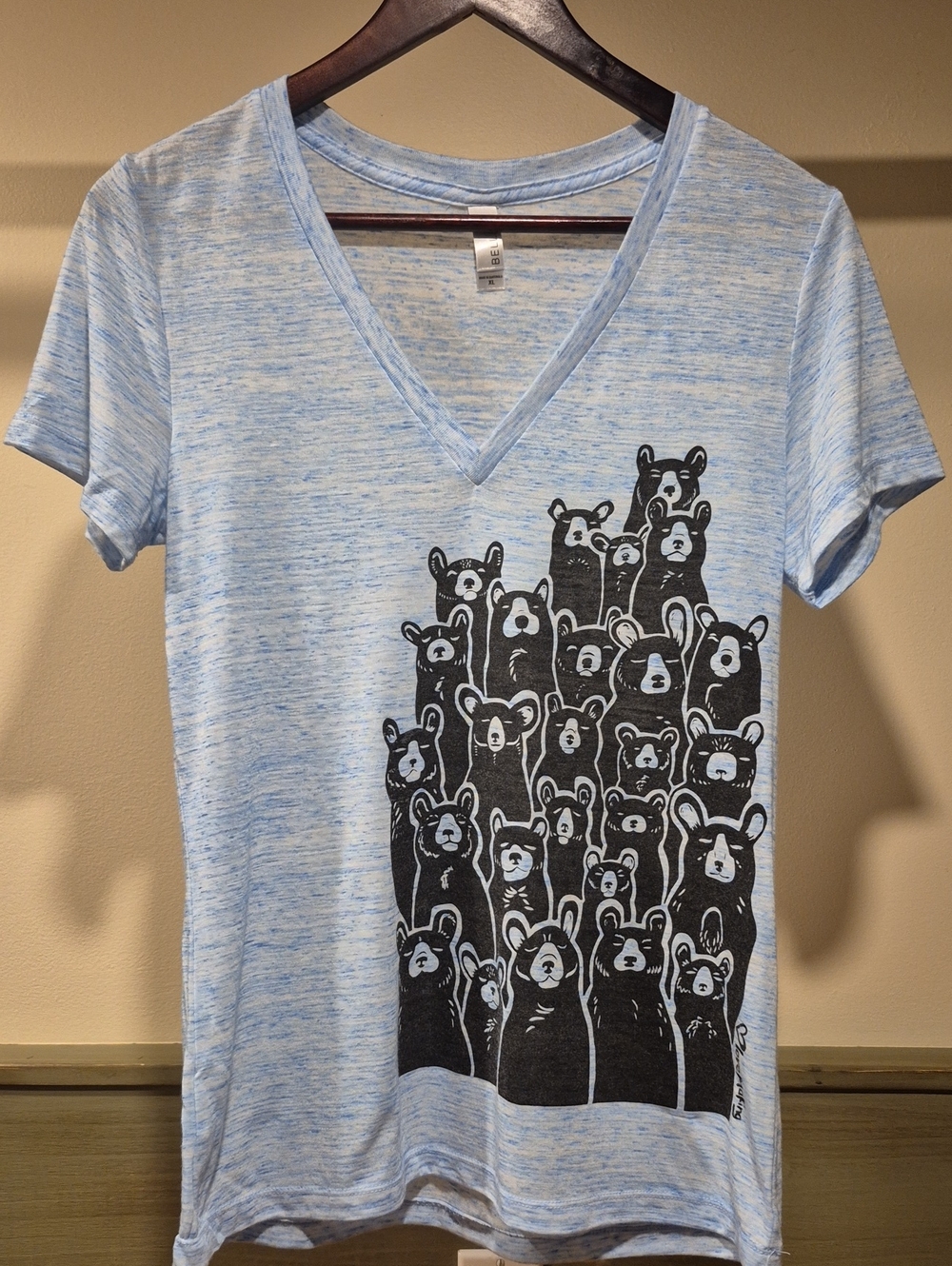 Light Blue V-Neck Tee with Bear Print